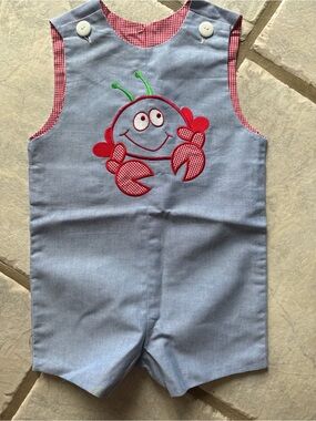 Wish Upon A Star Light Blue Romper with Red Crab Applique